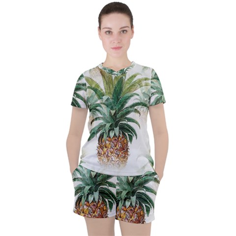 Pineapple Pattern Background Seamless Vintage Women s Tee And Shorts Set by Wegoenart