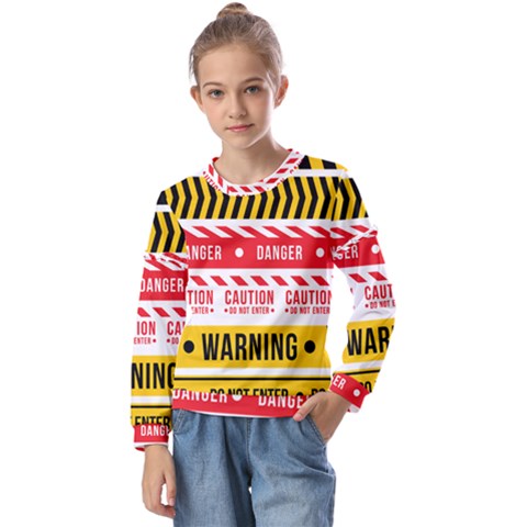 Yellow Black Warning Line Kids  Long Sleeve Tee With Frill  by Jancukart