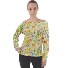 Nature Doodle Art Trees Birds Owl Children Pattern Multi Colored Off Shoulder Long Sleeve Velour Top by danenraven