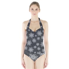 Snowflakes And Star Patterns Grey Snow Halter Swimsuit by artworkshop