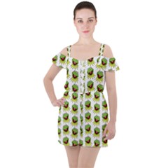 Kermit The Frog Ruffle Cut Out Chiffon Playsuit by Valentinaart