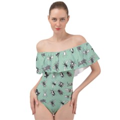 Insects Pattern Off Shoulder Velour Bodysuit  by Valentinaart