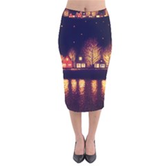 Night Houses River Bokeh Leaves Fall Autumn Velvet Midi Pencil Skirt by danenraven