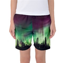 Aurora Borealis Northern Lights Forest Trees Woods Women s Basketball Shorts by danenraven