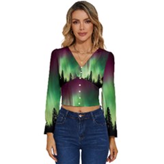 Aurora Borealis Northern Lights Forest Trees Woods Long Sleeve V-neck Top by danenraven