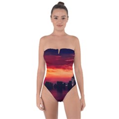 New York City Urban Skyline Harbor Bay Reflections Tie Back One Piece Swimsuit by danenraven