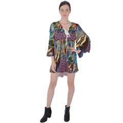 Peacock Mixed Media Bird Animal V-neck Flare Sleeve Mini Dress by danenraven