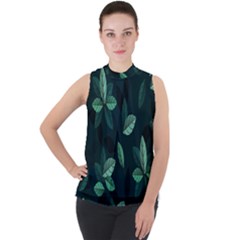 Leaves Pattern Mock Neck Chiffon Sleeveless Top by artworkshop