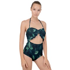 Leaves Pattern Scallop Top Cut Out Swimsuit by artworkshop