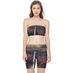 Waterfall Cascade Mountains Cliffs Northern Lights Stretch Shorts And Tube Top Set by danenraven