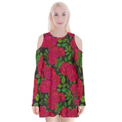 Seamless-pattern-with-colorful-bush-roses Velvet Long Sleeve Shoulder Cutout Dress by BangZart