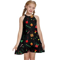 Christmas Pattern Texture Colorful Wallpaper Kids  Halter Collar Waist Tie Chiffon Dress by Ravend