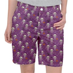 Background Halloween Pattern Pumpkin Skeleton Bat Pocket Shorts by Ravend