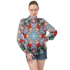 Geometric Symmetrical Symmetry Data Futuristic High Neck Long Sleeve Chiffon Top by Ravend