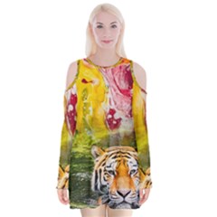 Rainbow Painted Nature Bigcat Velvet Long Sleeve Shoulder Cutout Dress by Sparkle