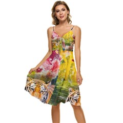 Rainbow Painted Nature Bigcat Sleeveless Tie Front Chiffon Dress by Sparkle