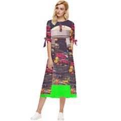 Astronaut Universe Planting Flowers Cosmos Jpg Bow Sleeve Chiffon Midi Dress by Pakemis