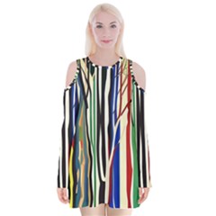 Abstract Trees Colorful Artwork Woods Velvet Long Sleeve Shoulder Cutout Dress by Pakemis