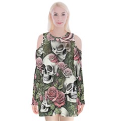 Skulls Roses Wallpaper Garden Artwork Velvet Long Sleeve Shoulder Cutout Dress by Pakemis