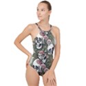 Skulls Roses Wallpaper Garden Artwork High Neck One Piece Swimsuit View1