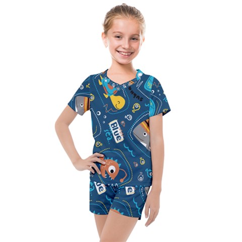 Seamless Pattern Vector Submarine With Sea Animals Cartoon Kids  Mesh Tee And Shorts Set by Pakemis