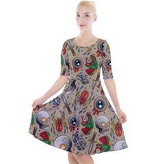 Tattoo Pattern Quarter Sleeve A-line Dress by Pakemis