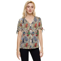 Tattoo Pattern Bow Sleeve Button Up Top by Pakemis