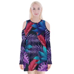 Background With Violet Blue Tropical Leaves Velvet Long Sleeve Shoulder Cutout Dress by Pakemis