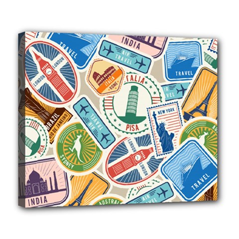 Travel Pattern Immigration Stamps Stickers With Historical Cultural Objects Travelling Visa Immigran Deluxe Canvas 24  X 20  (stretched) by Pakemis