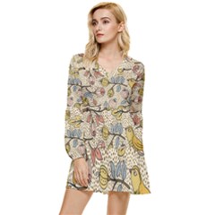 Seamless Pattern With Flower Bird Tiered Long Sleeve Mini Dress by Pakemis