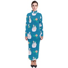 Elegant Swan Pattern With Water Lily Flowers Turtleneck Maxi Dress by Pakemis