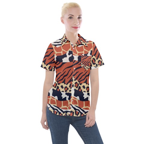 Mixed-animal-skin-print-safari-textures-mix-leopard-zebra-tiger-skins-patterns-luxury-animals-textur Women s Short Sleeve Pocket Shirt by Pakemis