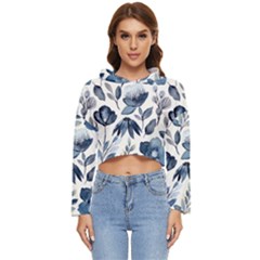 Indigo-watercolor-floral-seamless-pattern Women s Lightweight Cropped Hoodie by Pakemis