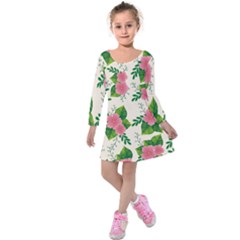 Cute-pink-flowers-with-leaves-pattern Kids  Long Sleeve Velvet Dress by Pakemis