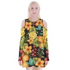 Fabulous Colorful Floral Seamless Velvet Long Sleeve Shoulder Cutout Dress by Pakemis