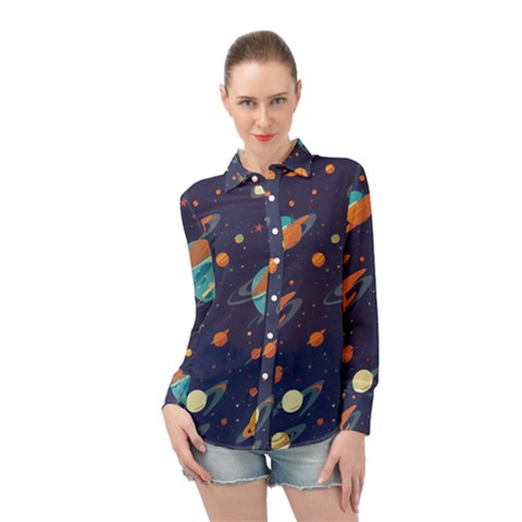 Space Galaxy Planet Universe Stars Night Fantasy Long Sleeve Chiffon Shirt by Uceng