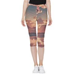 Sunset River Sky Clouds Nature Nostalgic Mountain Inside Out Lightweight Velour Capri Leggings  by Uceng