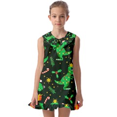 Christmas Funny Pattern Dinosaurs Kids  Pilgrim Collar Ruffle Hem Dress by Uceng