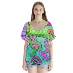 Colorful Stylish Design V-neck Flutter Sleeve Top by gasi