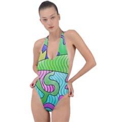 Colorful Stylish Design Backless Halter One Piece Swimsuit by gasi