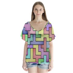 Colorful Stylish Design V-neck Flutter Sleeve Top by gasi