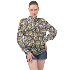 Gong Instrument Motif Pattern High Neck Long Sleeve Chiffon Top by dflcprintsclothing