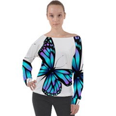 Blue And Pink Butterfly Illustration, Monarch Butterfly Cartoon Blue, Cartoon Blue Butterfly Free Pn Off Shoulder Long Sleeve Velour Top by asedoi