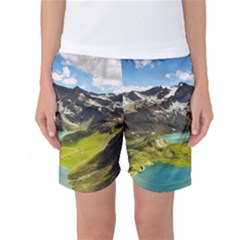 Aerial View Of Mountain And Body Of Water Women s Basketball Shorts by danenraven