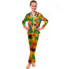 Retro Colors Puzzle Pieces                                   Kid s Satin Long Sleeve Pajamas Set by LalyLauraFLM