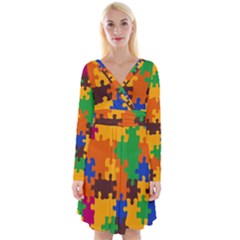 Retro Colors Puzzle Pieces                                                                           Long Sleeve Front Wrap Dress by LalyLauraFLM