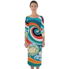 Wave Waves Ocean Sea Abstract Whimsical Quarter Sleeve Midi Bodycon Dress by Jancukart