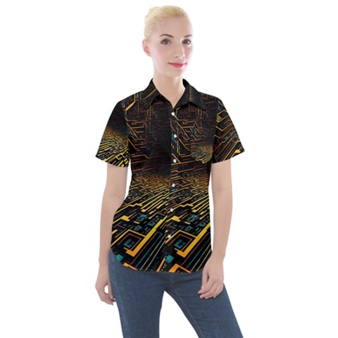 Data Technology Coding Pattern Women s Short Sleeve Pocket Shirt by Jancukart