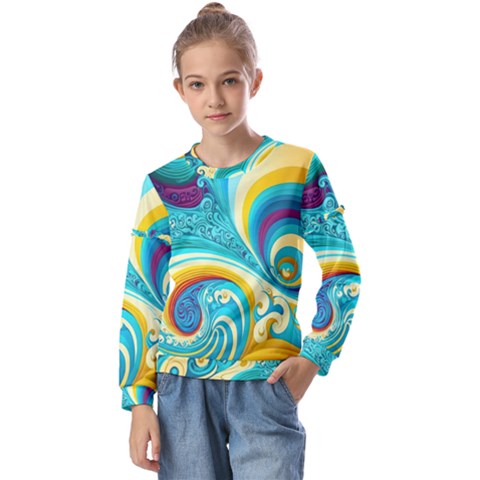 Waves Ocean Sea Abstract Whimsical Kids  Long Sleeve Tee With Frill  by Jancukart