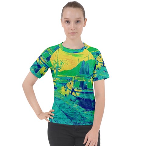 Blue And Green Boat Modern  Women s Sport Raglan Tee by ConteMonfrey